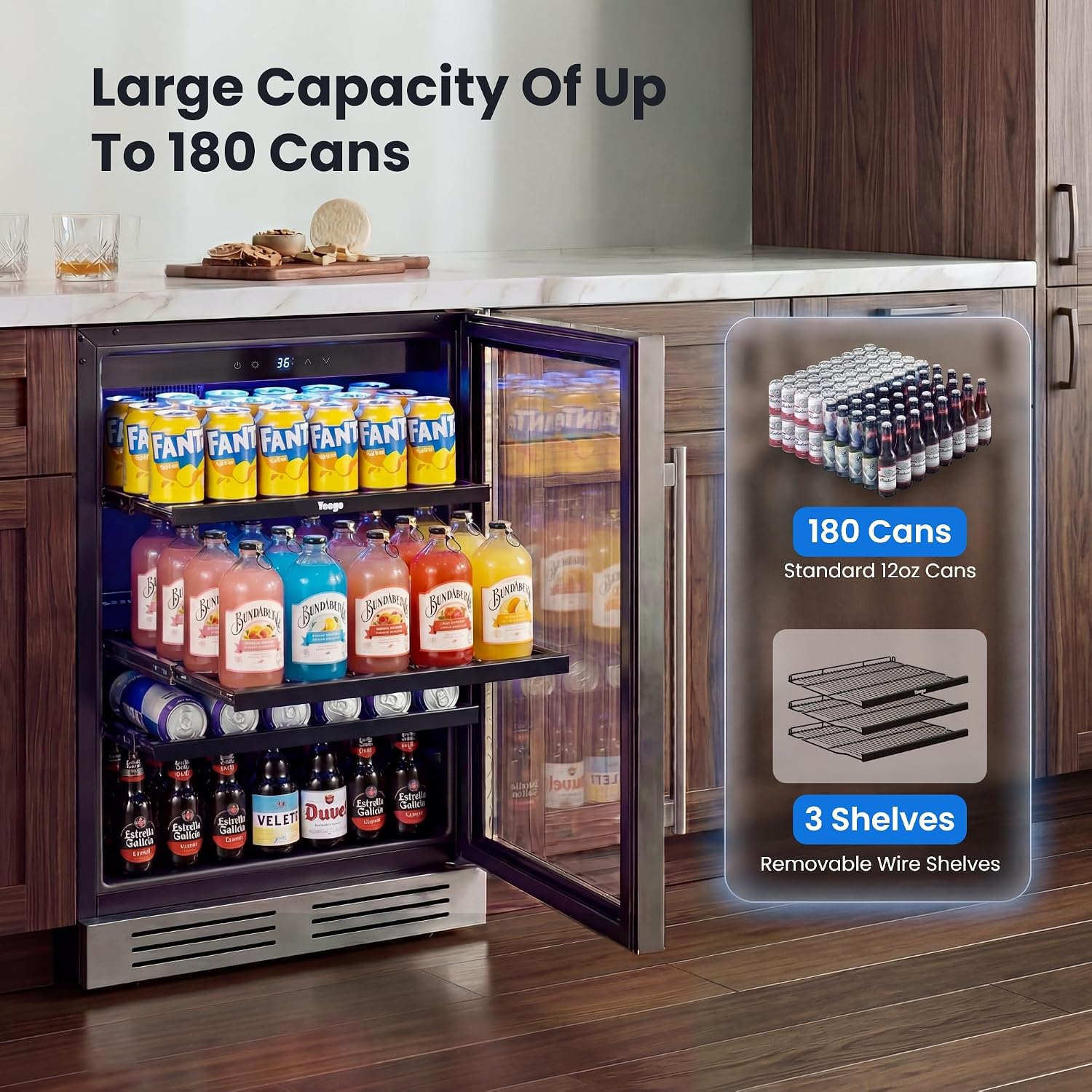 24인치 음료 냉장고 180캔 유리문 34-54 ° F - Wine And Beer Undercounter Fridge 리뷰 및 가격